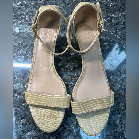 Tory Burch Brown Beige Ankle Strap Open Toe Wedges Women’s Size 9.5 - Picture 12 of 12